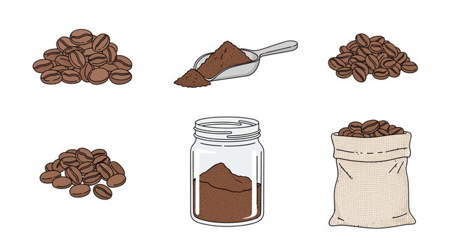 A collection of coffee beans and ground coffee presented in various forms, including piles, a scoop, a jar, and a bag.