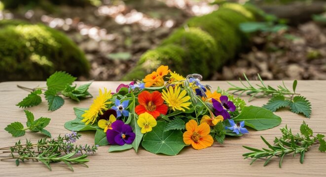 Colorful wildflowers and herbs on wooden table in forest setting for nature concept