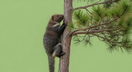 Fototapeta premium Adorable Squirrel Climbing Tree Branch with Green Background