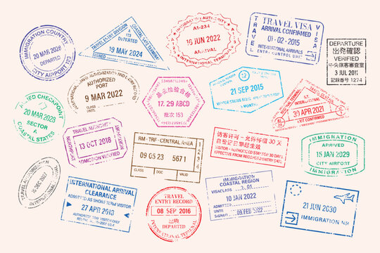 Colorful travel passport stamps collection vector elements