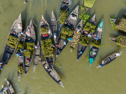 Aerial view of boats laden with vibrant green produce float serenely on the still, reflective waters of the river, Barishal, Barisal Division, Bangladesh.