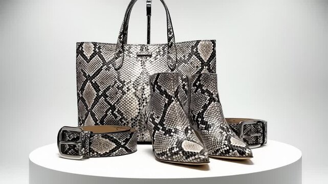 Snake Print Fashion Set With Tote Bag, Ankle Boots, and Belt on White Pedestal