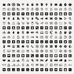 Fototapeta premium Collection of diverse icons including technology, transportation, and communication. Black and white icons, simple and versatile design for various uses. User interface icon vector set.