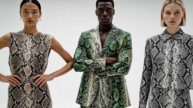 Diverse Models Posing in Snakeskin Print Fashion Outfits Against White Background