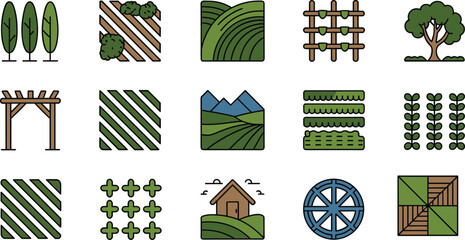 Agriculture farming icons set with farmland fields vineyard trellis crops irrigation rural landscape trees farm house, colorful flat agriculture vector collection © Evelyn