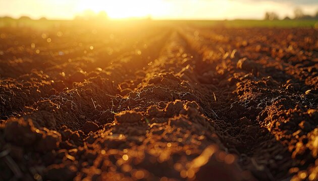 Plowed farmland basks in golden sunset light, rows stretching into the horizon