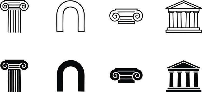 Ancient architecture icons set with Greek column arch pillar temple capitals, minimalist line and solid silhouette classical building elements vector collection