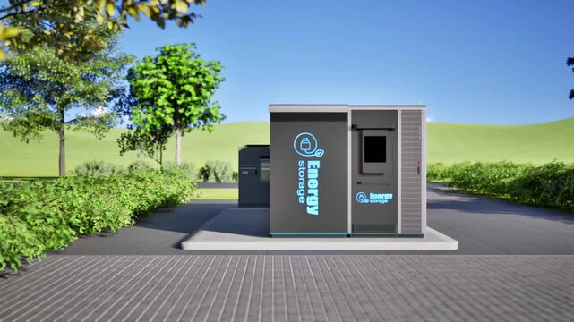 3d rendering energy storage system or battery container unit see through on green grass 4k footage