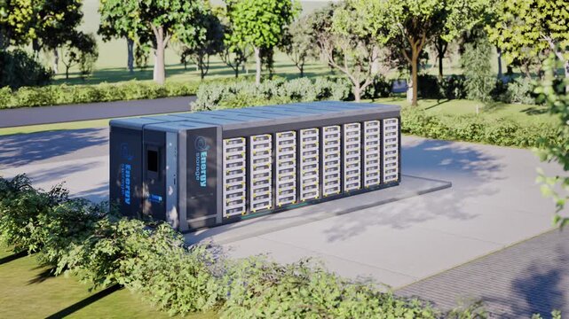 3d rendering energy storage system or battery container unit see through on green grass 4k footage
