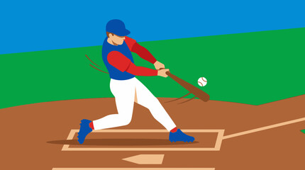 A baseball player in a blue cap and red shirt swings a bat, making contact with a baseball on a dirt field under a blue sky.