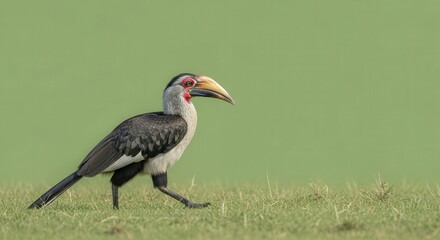 Obraz premium Elegant Hornbill Bird Standing on Green Grass in Natural Habitat
