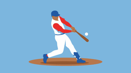 Fototapeta premium An illustration of a baseball player in a red and white uniform swinging a bat and hitting a baseball on a brown field with a blue background.