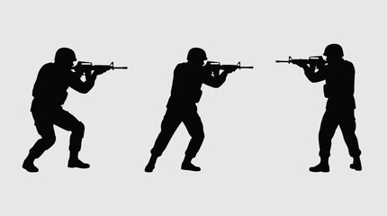 Naklejka premium Three black silhouettes of soldiers in combat gear holding rifles in various tactical positions against a plain background.