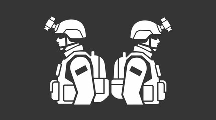 Obraz premium Two stylized soldiers back-to-back, wearing tactical gear and helmets with night vision devices, in a minimalist graphic design.