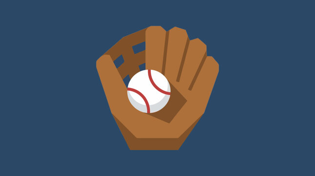 A brown baseball glove with a white baseball featuring red stitches on a dark blue background, depicted in a flat graphic style.