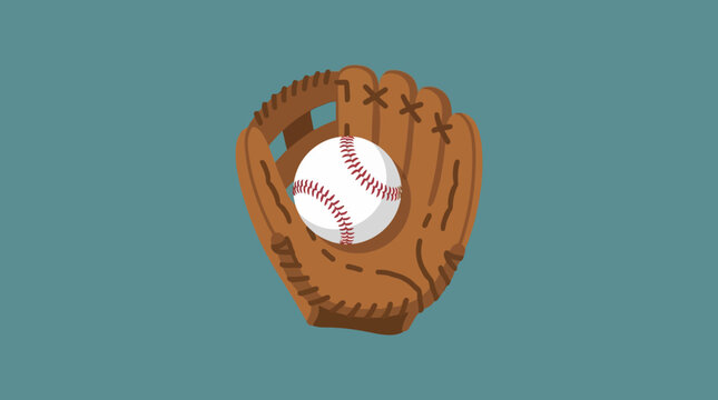A brown baseball glove holding a white baseball with red stitching on a teal background, flat illustration style.