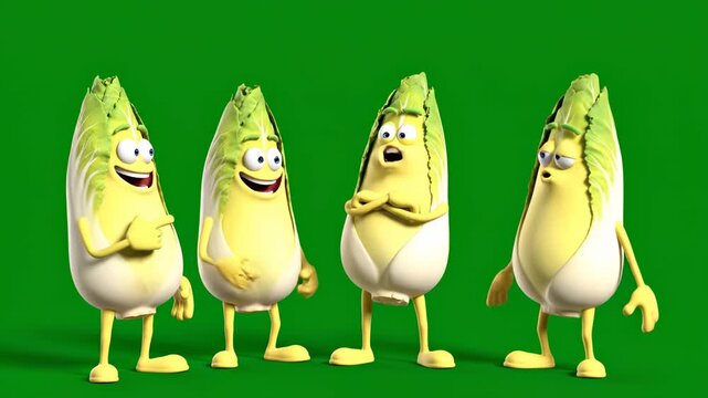 Animated endive cartoon characters with funny expressions green screen food education childrens content vegetarian cooking concept