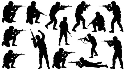 Obraz premium Silhouettes of soldiers in various combat and tactical poses with assault rifles, ready for action.