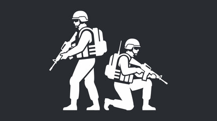 Obraz premium Two white silhouette soldiers, one standing and one kneeling, with rifles and tactical gear on a dark background.