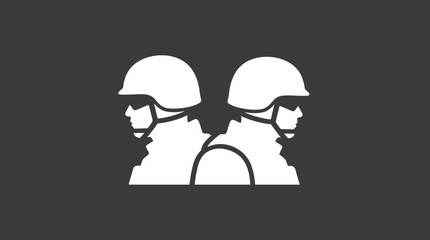 Obraz premium Two stylized white silhouettes of soldiers back-to-back on a dark grey background, representing military or conflict.