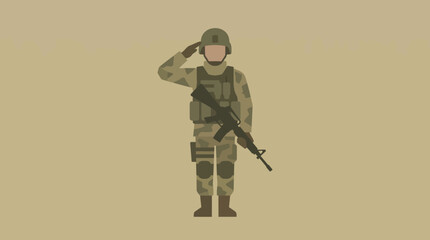 Obraz premium Flat design illustration of a soldier in camouflage uniform saluting while holding a rifle, depicted against a plain background.