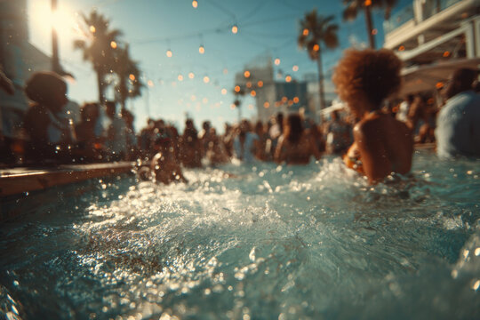blurred background image of a pool party. Summer vacation, party