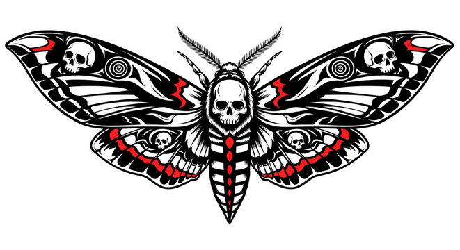 Death's Head Moth with Skull Wings and Red Accents, Tattoo Design