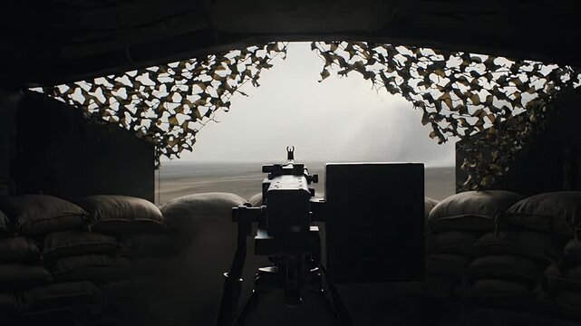 POV Inside Fortified Military Bunker Overlooking Misty Desert Valley
