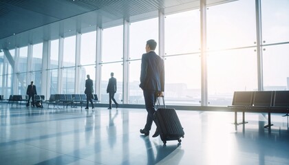 Fototapeta premium A businessman with luggage strides through a modern, sunlit airport terminal, embodying the journey of professional ambition and global connection in a dynamic world