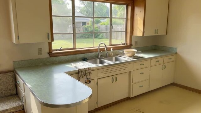 1960 kitchen - A bright, spacious kitchen with a large window, featuring a double sink, white cabinetry, and a light countertop, complemented by a grassy backyard view