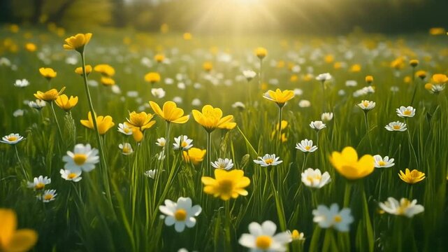Wild flowers in garden with blue sky and bright sun
