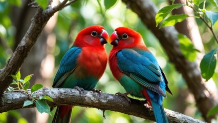 Fototapeta premium Pair of red and blue parrots sitting on tree branch