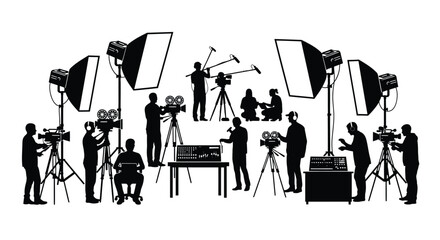 Black silhouette illustration of a professional film production crew working on a movie set © ARSM D