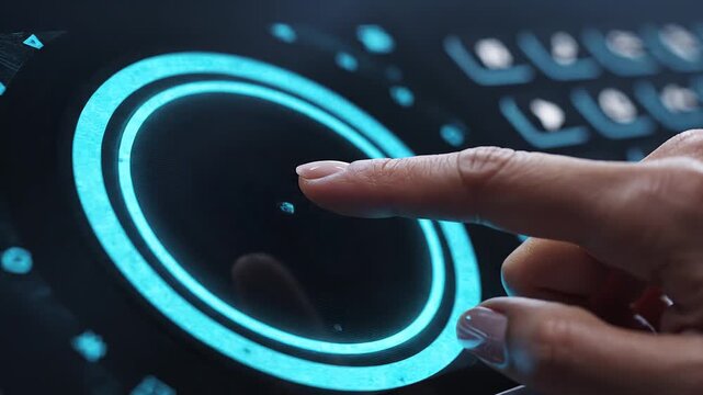 Finger interacting with glowing circular touch interface, blue concentric rings, digital elements, futuristic control panel, illuminated symbols in background, advanced technology, human-computer inte