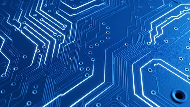 A close-up view of a complex blue circuit board with glowing white lines