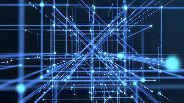 Interconnected glowing nodes and lines form a complex digital network on a dark background