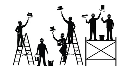 Black silhouettes of construction workers using paint rollers and ladders for wall renovation work © ARSM D