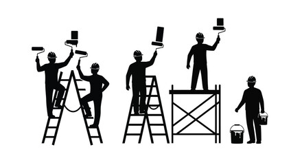 Black silhouettes of construction workers using paint rollers on ladders and scaffolding platforms © ARSM D