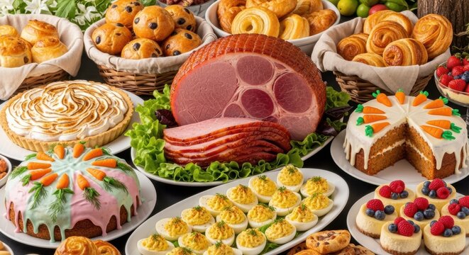 Abundant Easter feast with glazed ham, carrot cakes, deviled eggs, and pastries