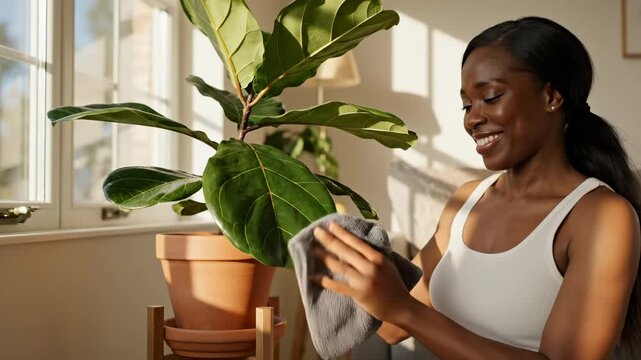 Woman cleans ficus plant leaves with cloth near window at home. Female wipes houseplant leaf caring for ficus. Woman cleaning plant leaves. Home plant care with cloth cleaning ficus leaves.
