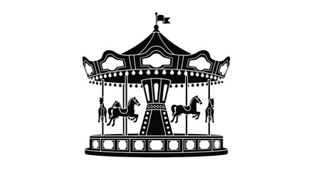 A detailed black and white silhouette graphic of a classic fairground carousel with toy horses © ARSM D