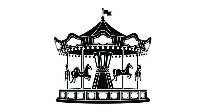 A detailed black and white silhouette graphic of a classic fairground carousel with toy horses