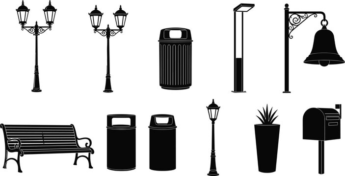 "Collection of urban public space silhouettes featuring street lamps, benches, trash bins, mailbox, potted plant, and decorative elements for architectural visualization and design projects"