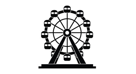 A simple black silhouette icon of a large ferris wheel with multiple passenger gondola cabins © ARSM D
