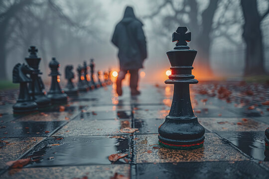 Rusty king chess piece on abandoned chessboard path with lone traveler walking away in foggy landscape Generative AI