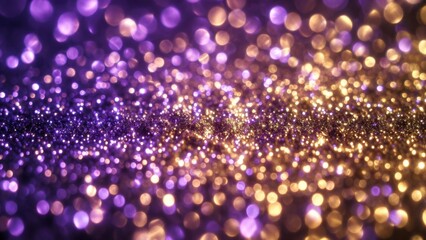 Glitter particles shimmering on blurred purple gold background