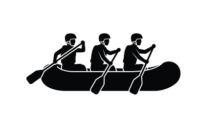 A black silhouette illustration showing a team of three people rowing together in a large raft © ARSM D