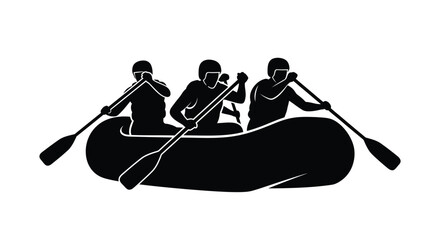 Black silhouette illustration of three people working together to row an inflatable river raft © ARSM D