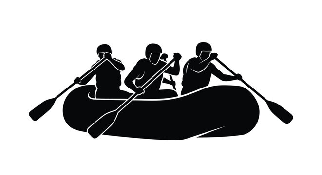 Black silhouette illustration of three people working together to row an inflatable river raft