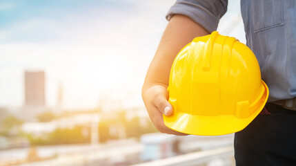 Fototapeta premium Engineer or manager holding a yellow protective helmet looking towards a bright cityscape, symbolizing construction and safe work practices